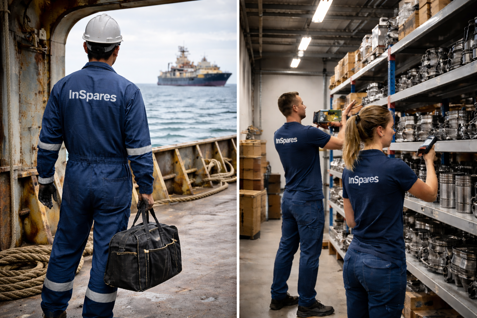 InSpares marine and industrial spare parts operations - technicians on vessel and warehouse